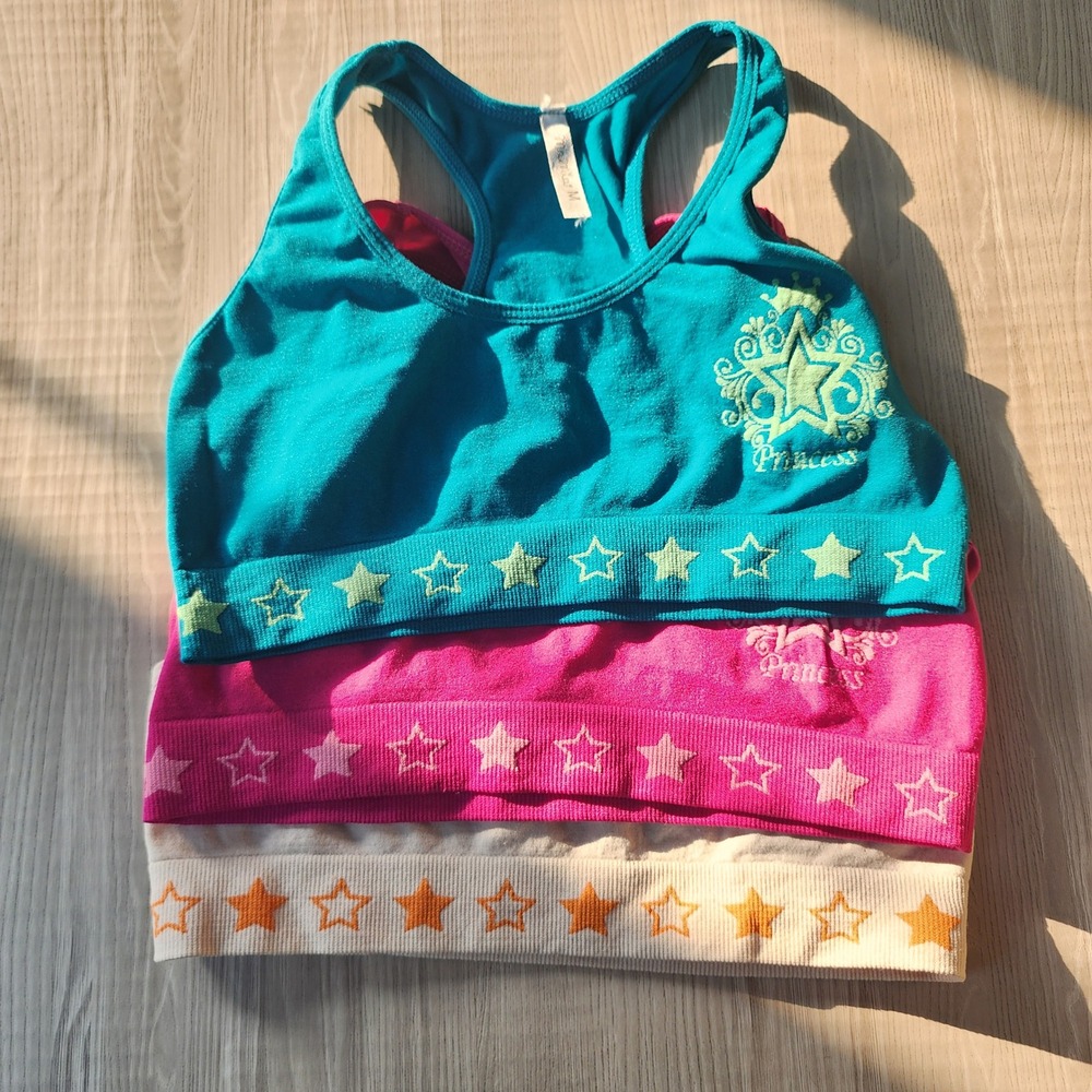 Mamia Girls 3 Pack Sports Bras Teal Pink Cream Star Princess Racerback Medium